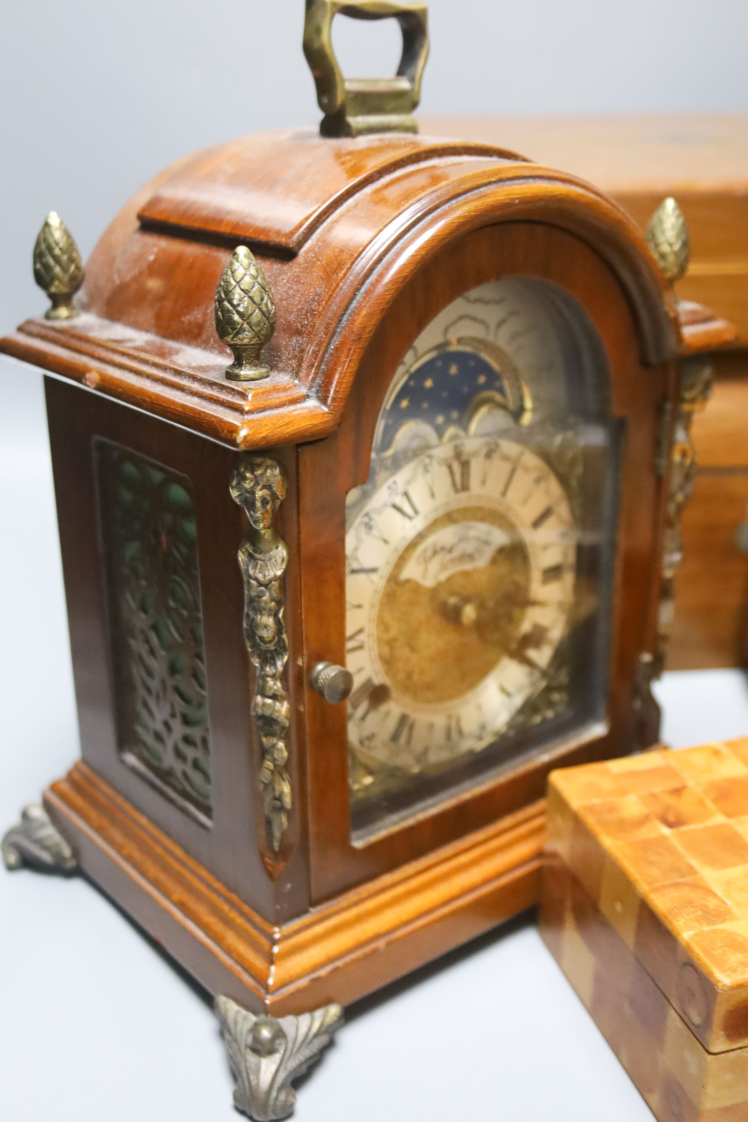 A Victorian rosewood writing box, a Georgian style mantel clock by John Thomas, London and sundry boxes